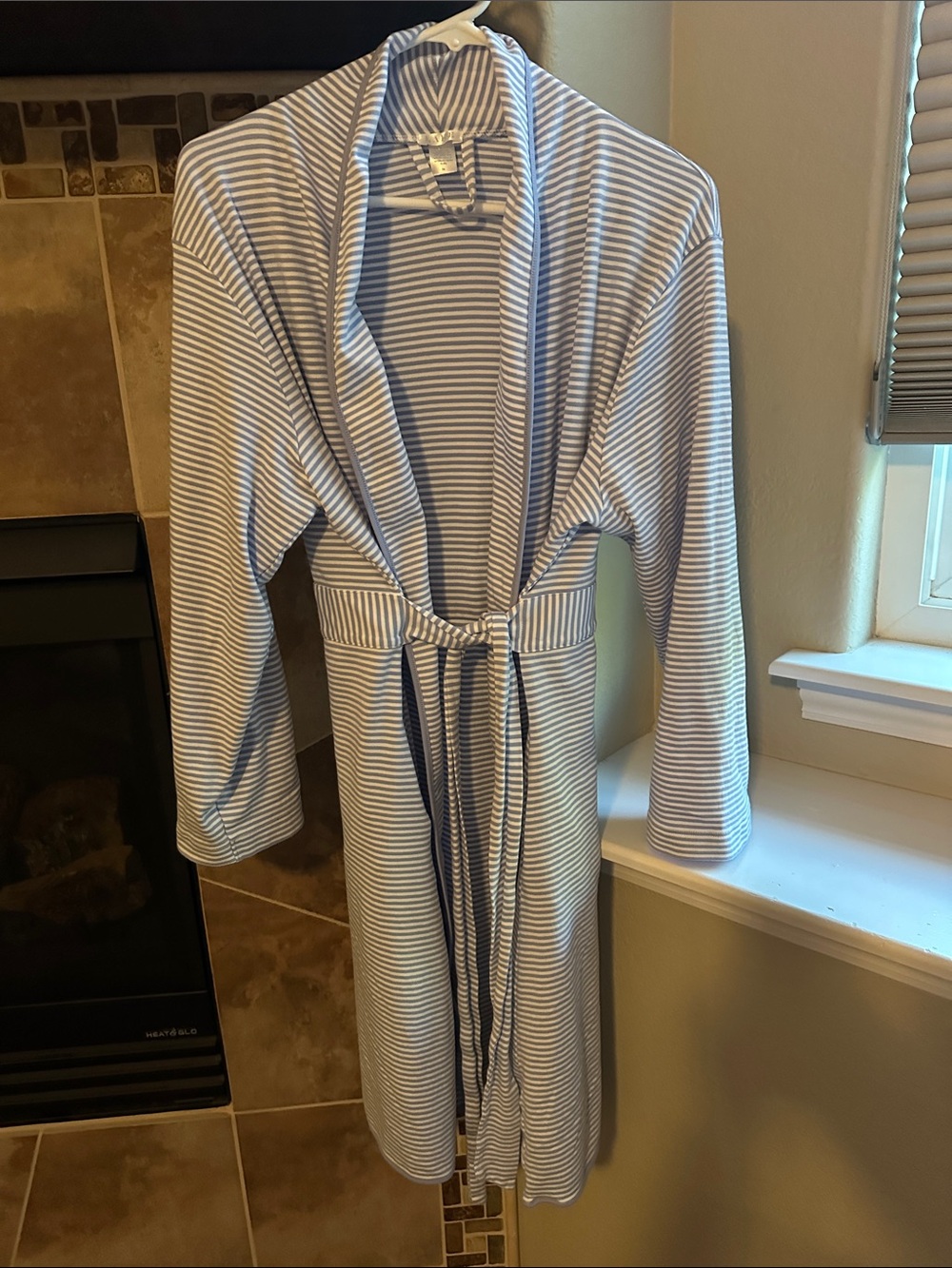 Light Blue and White Striped Shawl Collar Robe with Tie Waist